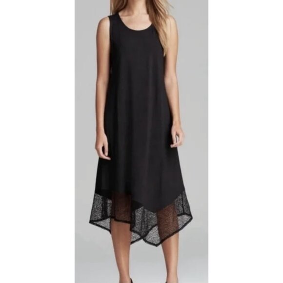 EILEEN FISHER Midi Stretch Jersey Tank Dress Lace Hem in Black Lagenlook Minimal - Picture 1 of 12